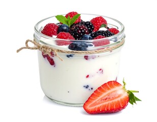 Glass jar filled with yogurt and topped with various fresh berries, mint, and a cut strawberry
