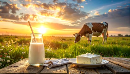 Glass milk, cheese, and a cow grazing in a field at sunset