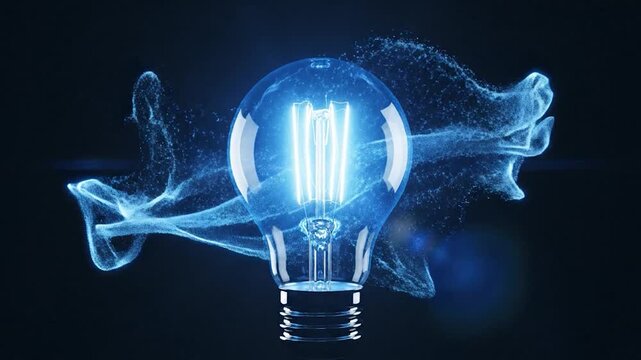 A clear glass light bulb with a blue glowing filament on a dark background.
