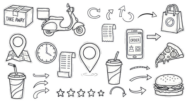 Hand-drawn doodle set of various food delivery and restaurant service icons.