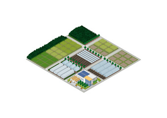 郊外の街並みのイラスト. アイソメ図で描いた都市.