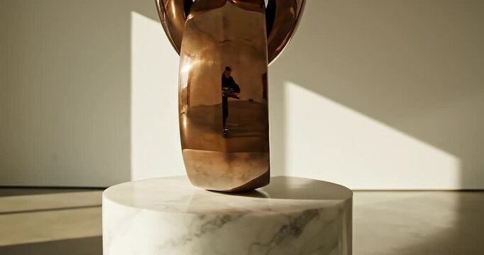 Abstract Copper Sculpture on White Marble Pedestal Modern Art