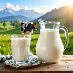 Glass of white liquid and pitcher, cow in field, mountain view