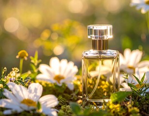 Glass perfume bottle rests in field of daisies with sunlit bokeh