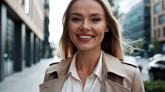 A smiling woman walks in a city setting, wearing a trench coat and dress shirt. Urban background