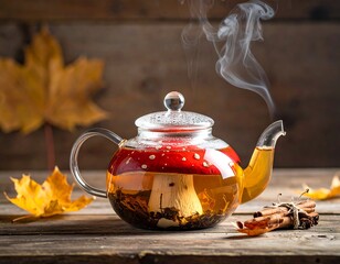 Glass teapot with tea, mushroom, steam, and autumn leaves on wood