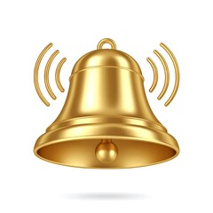 Gleaming gold bell emitting sound waves on a clean, white backdrop
