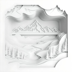 Layered paper art depicting a mountainous landscape with a serene lake