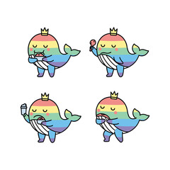 Rainbow whale characters brushing teeth with crown on white background