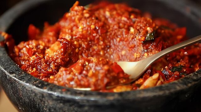 Spicy red dish being served with a spoon in dark bowl