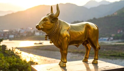 Gleaming golden bull statue with a sunrise over a river and distant town