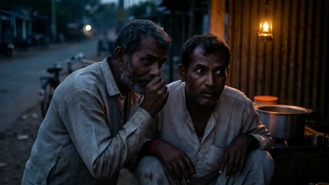 Two men whisper secretly at night in a village, their hushed conversation hidden under the cover of darkness.