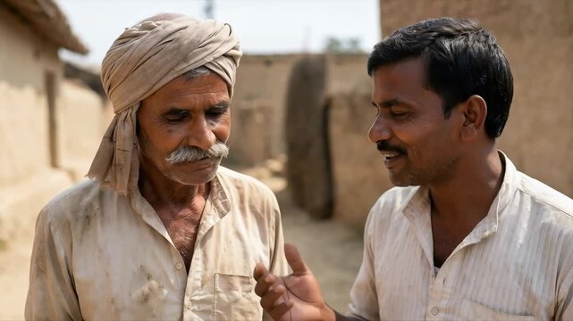 Two villagers converse on a dusty street, their dialogue blending with the rhythm of daily rural life.