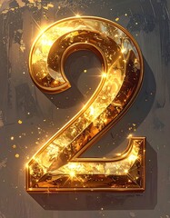 Gleaming golden number two on textured, shaded background