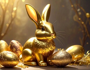 Gleaming golden rabbit with ornate eggs, festive Easter scene