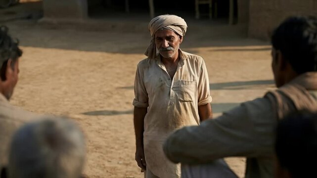Villagers attentively listen to a farmer speaking in an open discussion, sharing knowledge, concerns, and community decisions.