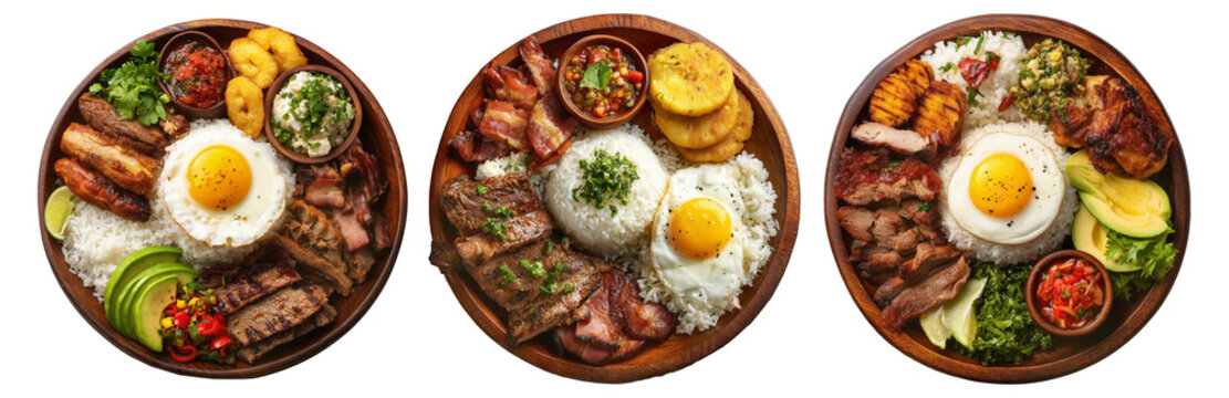 Latin American Bandeja Paisa meal with rice, fried egg, meats, beans, and plantains on wooden plate isolated on white background