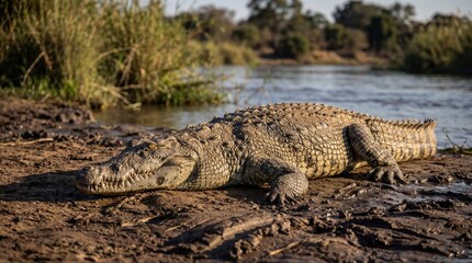 Crocodile in natural habitat with warm sunlight on scaly skin in muddy terrain for wildlife documentary