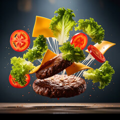 Deconstructed burger with flying ingredients meat cheese lettuce and tomato