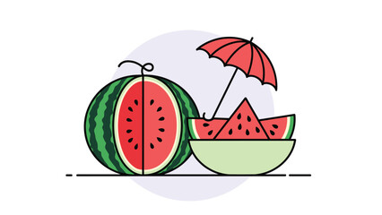 Fototapeta premium Refreshing summer illustration of watermelon halves and slices served in a bowl with a small decorative red umbrella.