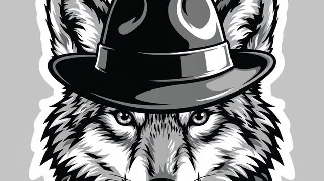 A stylized illustration depicting a wolf's face, wearing a fedora hat in grayscale
