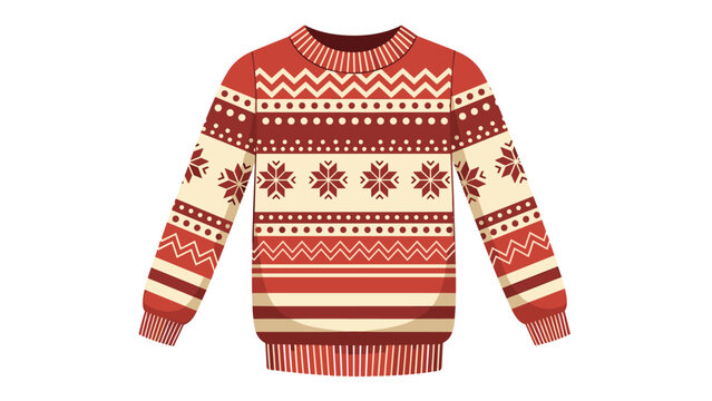 Cozy red and white knitted Christmas sweater with traditional snowflake and geometric patterns for winter warmth.
