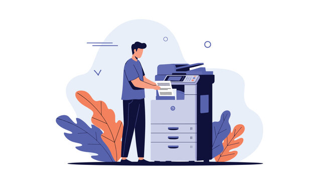 Professional man using a large multifunctional office printer and photocopier in a modern business environment.