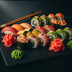 A vibrant assortment of fresh sushi rolls and nigiri on a slate platter