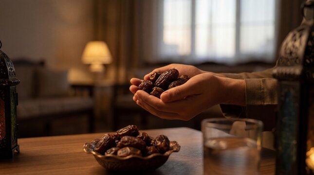 Close up of hands gently holding a cluster of ripe dark brown dates symbolizing ramadan iftar and suhoor traditions with a bowl of dates and a glass of water on a wooden table