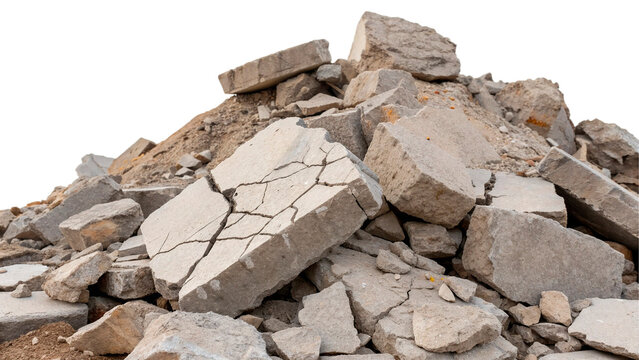 large pile of broken concrete pieces and rubble  isolated on transparent background