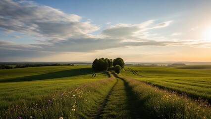 Fototapeta premium Scenic countryside path leads through green fields towards a sunlit horizon