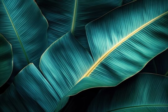 Overlapping teal tropical leaves with golden midribs and detailed veins, dramatic light and shadow conveying a lush, calm and moody botanical scene