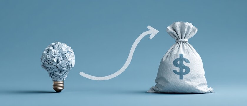 A creative concept representing the transformation of ideas into monetary value, featuring a crumpled light bulb and a money bag on a blue background.