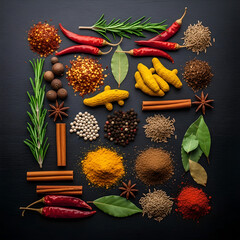 A vibrant flat lay of assorted colorful spices and seasonings on slate