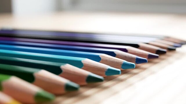 A close-up of a rainbow-colored array of sharpened pencils. Focus on tips and wooden casing