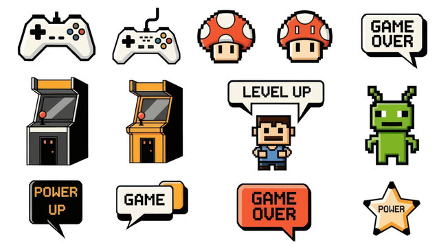 Retro Pixel Art Video Game Icons and Elements Collection.