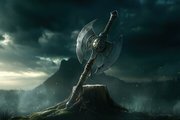 戦斧が切り株に立つ