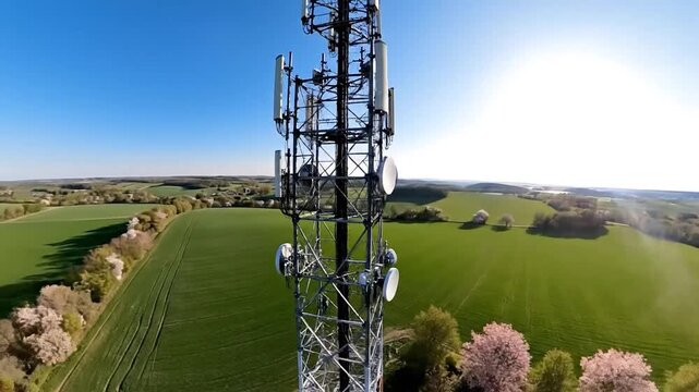 Antenna tower providing wireless communication in a vast green landscape.