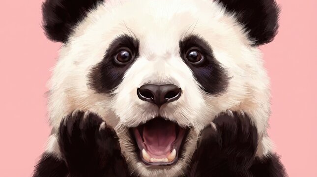 Shocked panda with big eyes on pink background concept. A joyful panda expressing delight against a pink background.