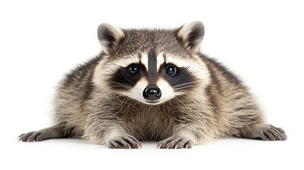 Raccoon on white background, looking at the camera .