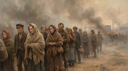 Refugee fleeing homeland in fear of harsh persecution concept. A poignant scene depicting a group of displaced individuals.