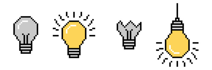 Set pixel lightbulb icon vector for retro idea games. 8-bit style lamp symbols ideal for innovation apps and creativity icons. © Taliax