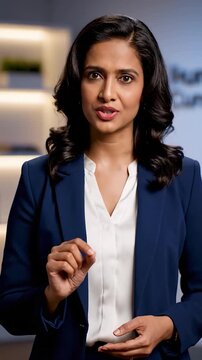 A professional woman in a blue suit gestures while speaking in a modern office