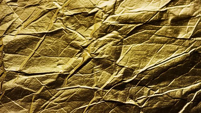 Textured golden foil background with intricate creases and folds. Ideal for luxury branding and elegant design projects