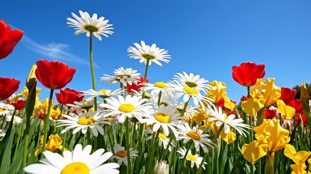 A vibrant field of red tulips, yellow irises, and daisies under a brilliant blue sky
