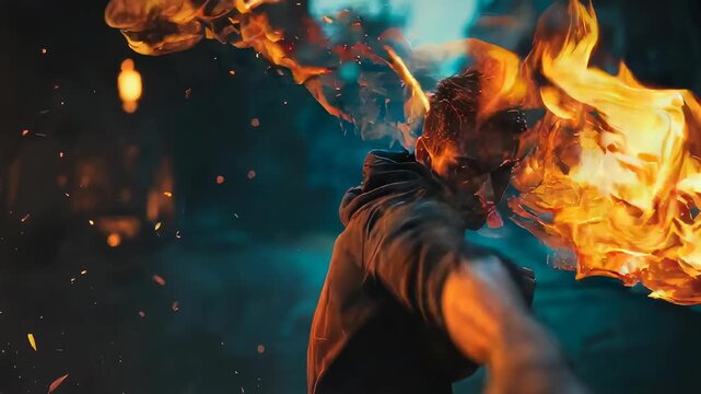 Young male athlete clenching fists in dramatic urban street with strong orange and blue lighting