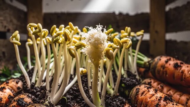 Fresh bean sprouts growing in rich soil alongside organic carrots