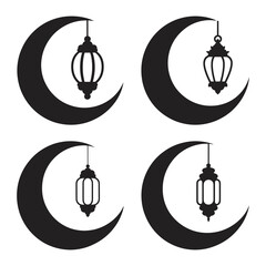 Four black silhouette designs of a crescent moon and a hanging lantern, suitable for islamic holidays like ramadan and eid.