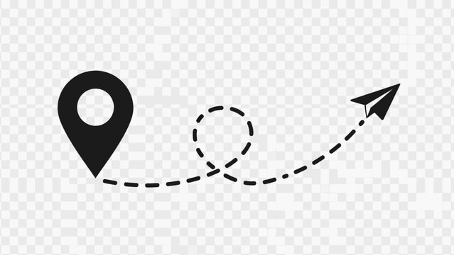 travel route icon, destination marker and paper airplane