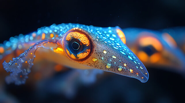 Vampire squid's photophores emitting light in darkness 